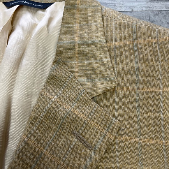 Samuelsohn Tan w/ Blue & Gold Windowpane Plaid Sport Coat 46R - Picture 3 of 6